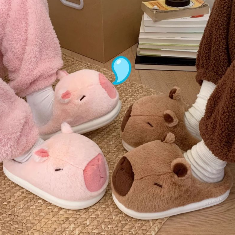 ฉี่เตียว น่ารัก คาปิบาระ รองเท้าแตะผ้าฝ้าย เป่าโถว ผู้ชายผู้หญิงบ้านซับขนแกะที่อบอุ่นน่ารักคู่รองเท้าแตะขนยาว