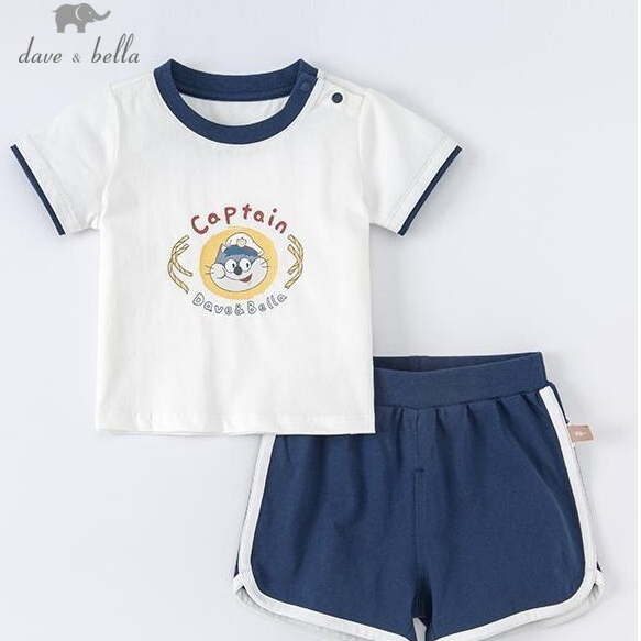Dave Bella เด็กเสื้อยืดแขนสั้นเด็กเสื้อผ้าฝ้ายธรรมดารอบคอเสื้อยืดสีขาว Overall Partner ชุด DB2221942