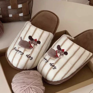 ฉี่เตียว ลายลูกสุนัขรองเท้าแตะผ้าฝ้ายผู้ชายผู้หญิงอบอุ่นน่ารักคู่สบายบ้าน