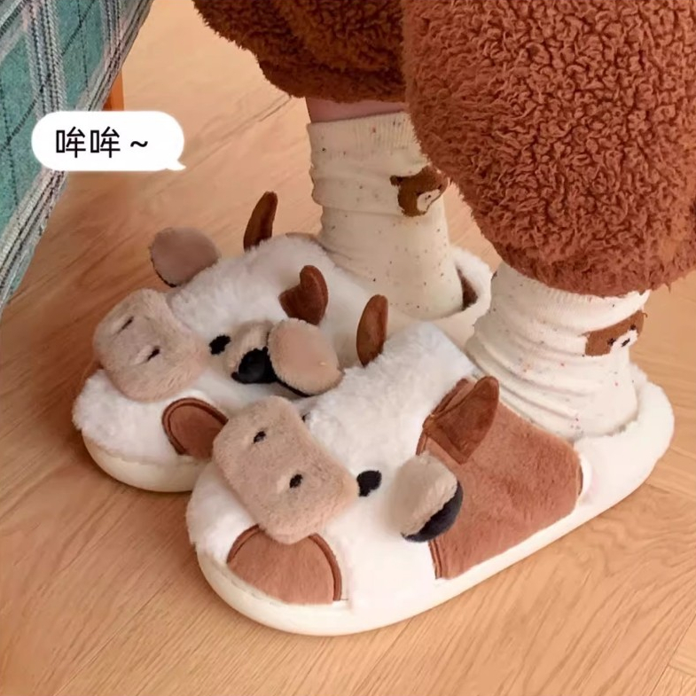ฉี่เตียว น่ารักจมูกใหญ่วัวรองเท้าแตะผ้าฝ้ายผู้ชายผู้หญิงอบอุ่นสบายบ้าน