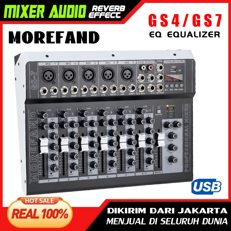 MOREFAND MixGS4-USB – มิกเซอร์อนาล็อก 4/7 ช่องพร้อมชิป DSP 8 ชิปสําหรับการปรับเสียงและวิทยุบลูทูธมือถือ