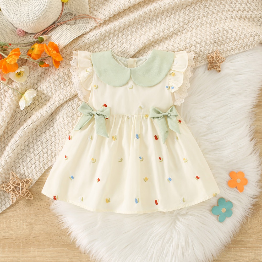 ชุดเดรสเด็กผู้หญิงโบว์สีเขียวหวานฤดูร้อนใหม่ดอกไม้สีสันสดใสเสื้อผ้าเด็กแขนกุดเหมาะสําหรับทารกอายุ 9 เดือนถึง 4 ปี
