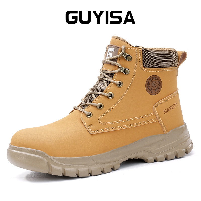 GUYISA รองเท้านิรภัยรองเท้าทํางานหัวเหล็กสูงตัดรองเท้าสีเหลืองนุ่ม38-45 F077