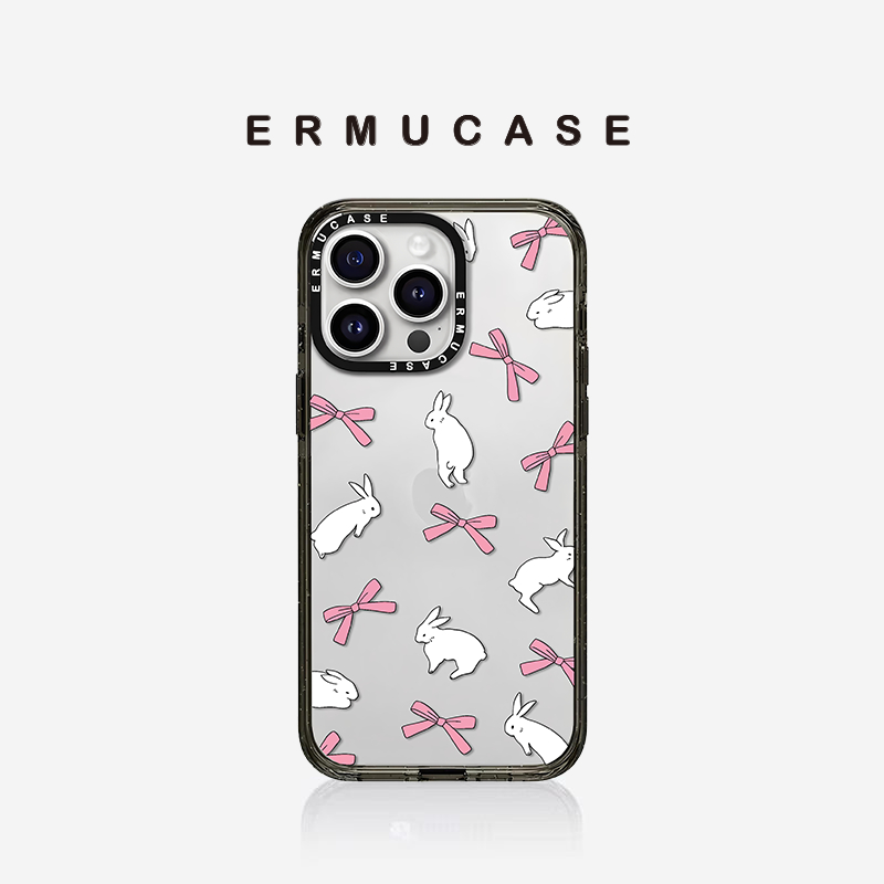 เหมาะสําหรับ ไอโฟน 15 16 มือโปร สูงสุด กันกระแทกส่วนบุคคลกระจกเคสโทรศัพท์-สุดน่ารักโบว์สีชมพูและสติกเกอร์กระต่ายน้อยสีขาว อิน สไตล์