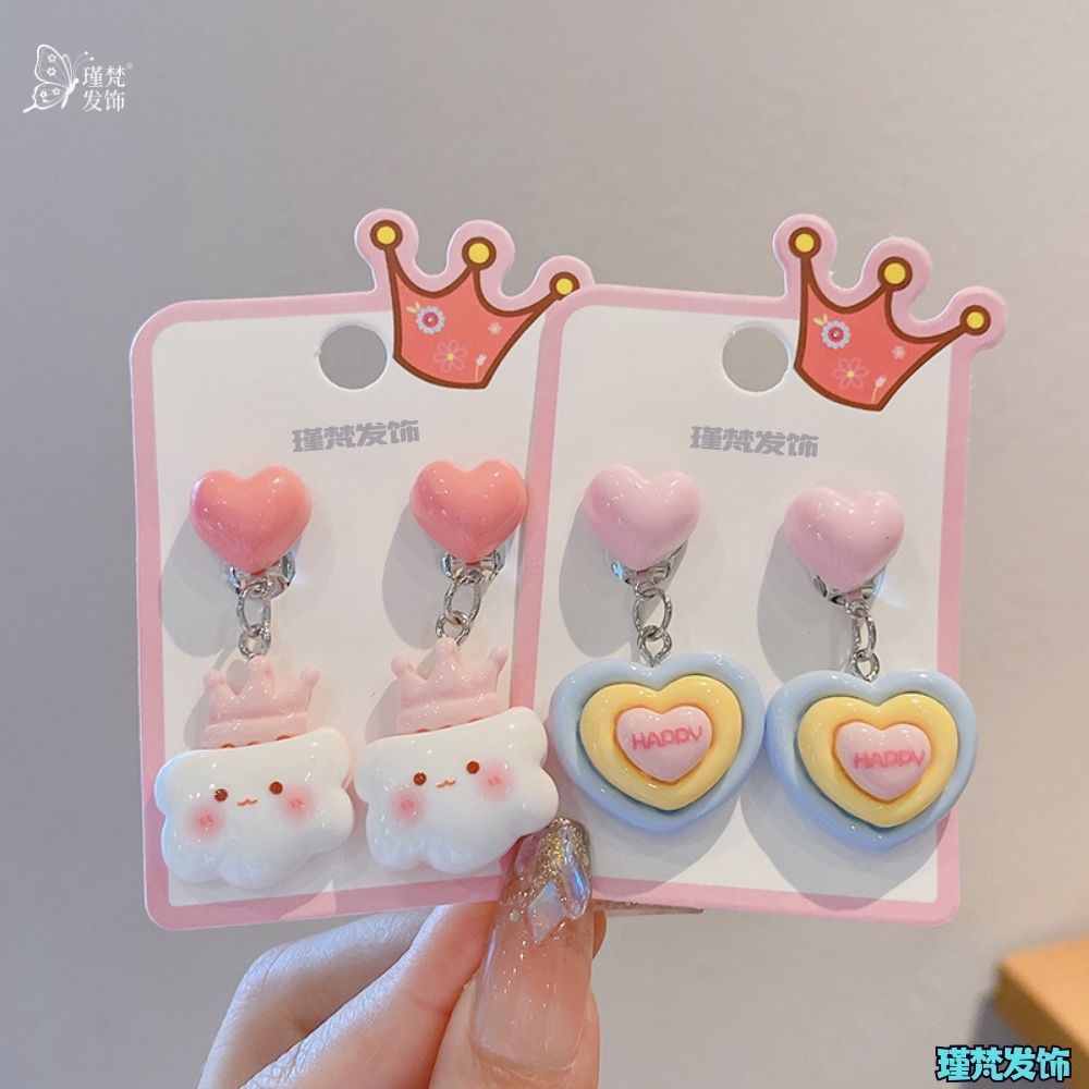 ชุดต่างหูรูปหัวใจมงกุฎน่ารักสําหรับเด็กเครื่องประดับหูสไตล์เจ้าหญิงของขวัญวันเกิดที่สมบูรณ์แบบสําหรับเด็กผู้หญิง - รูปที่ 2