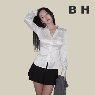 ขเสื้อเชิ้ตผ้าซาตินสีทึบผู้หญิงสไตล์เกาหลี คอปกโปโลแขนยาวเอว…