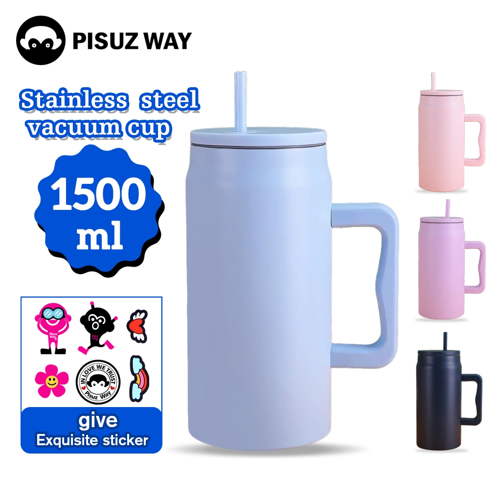 Pisuz Wayถ้วยสูญญากาศสแตนเลสถ้วยน้ําจับรถ 50Oz ถ้วยเย็นความจุขนาดใหญ่พร้อมปลอกซิลิโคนฟางสแตนเลส