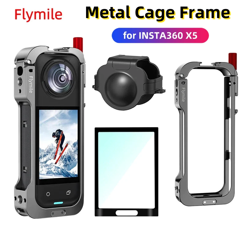 ฟลายไมล์ กรงโลหะสำหรับอุปกรณ์เสริมกล้อง Insta360 X5 เคสป้องกันอลูมิเนียม ฝาครอบเลนส์ซิลิโคน กรอบยูทิลิตี้หลายฟังก์ชัน