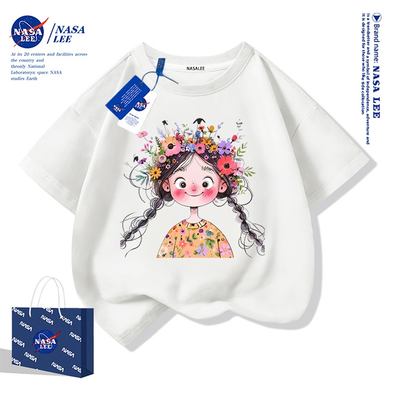 [ในสต็อก] สาวสบายดูดซับเหงื่อผ้าฝ้ายแขนสั้นเสื้อยืดนาซ่ากิ๊บดอกไม้สาวน้อยรูปแบบฤดูร้อน