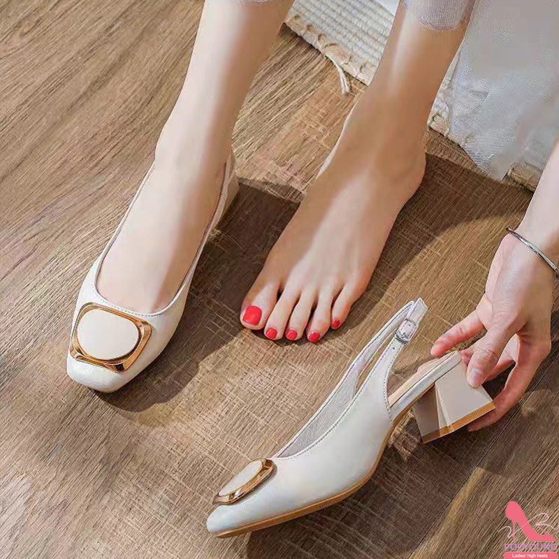 [PY]  รองเท้าแตะเกาหลีส้นบล็อกสแควร์ 2 นิ้ว สำหรับผู้หญิงทำงานออฟฟิศรองเท้าทำงานผู้หญิง