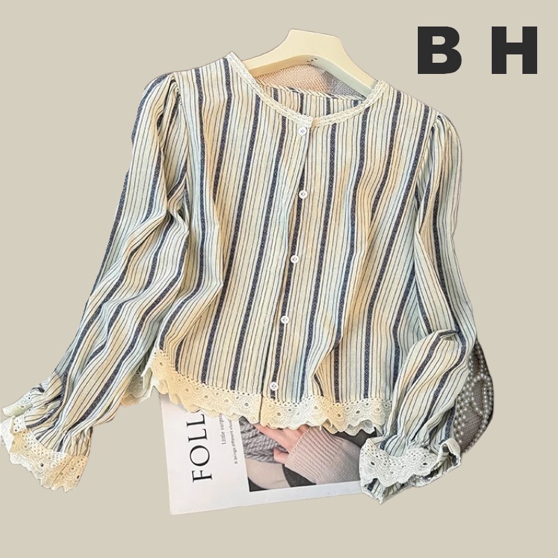 Bh เสื้อเบลาส์แขนยาวลายทางสุภาพสตรีสไตล์ฝรั่งเศสคอกลมกระดุมแถวเดียวรุ่นหลวม