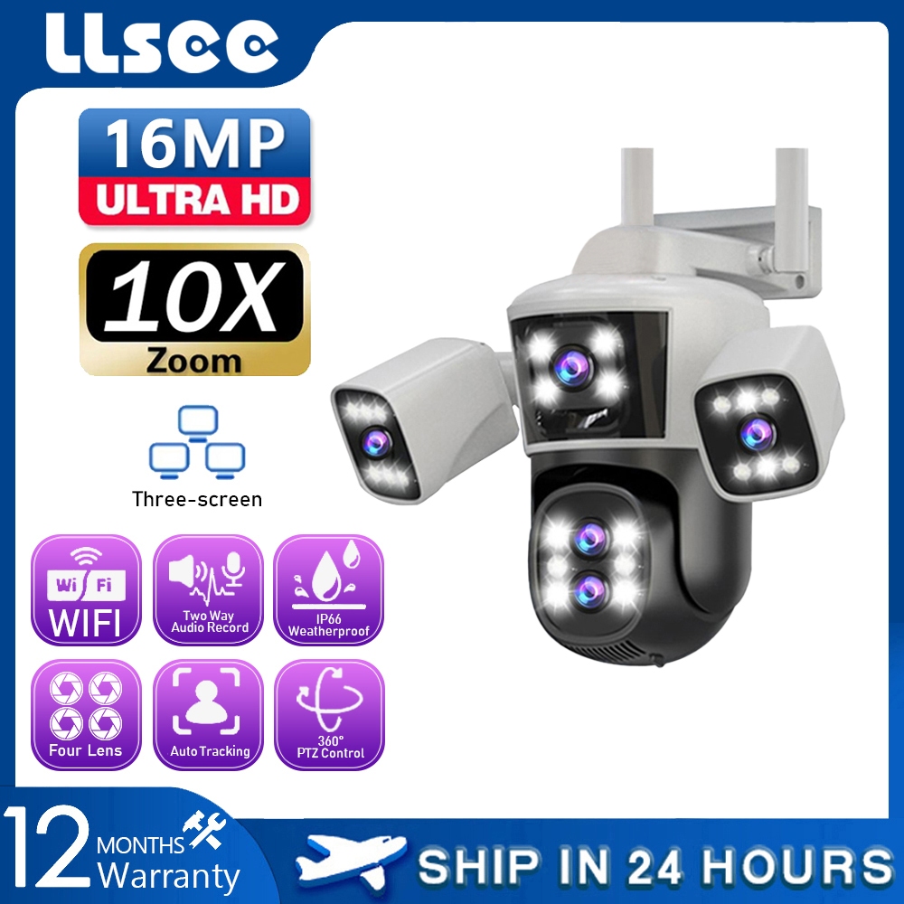 LLSEE 16MP 4 เลนส์ 8K ไร้สายบ้านกล้องวงจรปิดกลางแจ้งกันน้ำ 10 เท่าออปติคัลซูม 360 กล้องรักษาความปลอดภัยการเฝ้าระวังไม่มีการตรวจจับการเคลื่อนไหวมุมตายปลุก Night Vision สีสันสดใส