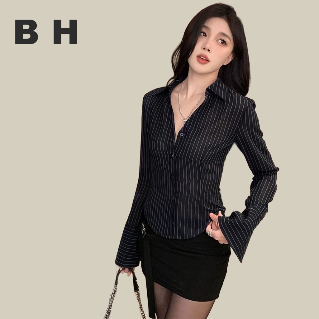 ขเสื้อเชิ้ตลายทางแบบบางสไตล์เกาหลีสําหรับผู้หญิง แขนยาวโปโลคอปกหัวเข็มขัดด้านหลัง