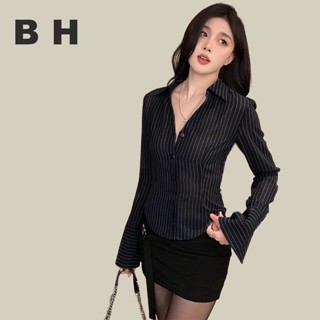 ขเสื้อเชิ้ตลายทางแบบบางสไตล์เกาหลีสําหรับผู้หญิง แขนยาวโปโลค…