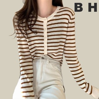 ข เสื้อสเวตเตอร์ถักลายทางผู้หญิงฤดูใบไม้ร่วงแขนยาวบาง