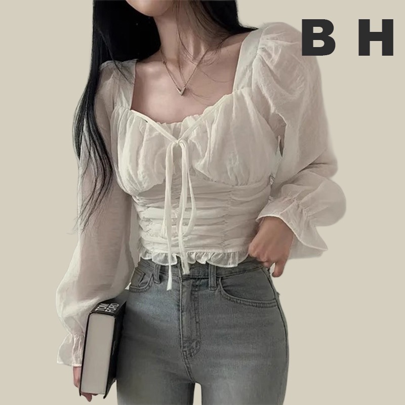 Bh เสื ้ อครอปชีฟองผู ้ หญิงสไตล ์ เกาหลีคอปกสี ่ เหลี ่ ยมผูกจีบเสื ้ อแขนยาว