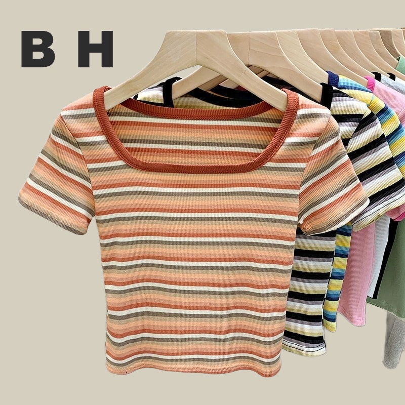 Bh เสื้อยืดแขนสั้น คอสี่เหลี่ยม ผ้าฝ้าย ลายทาง แฟชั่นฤดูร้อน สําหรับผู้หญิง