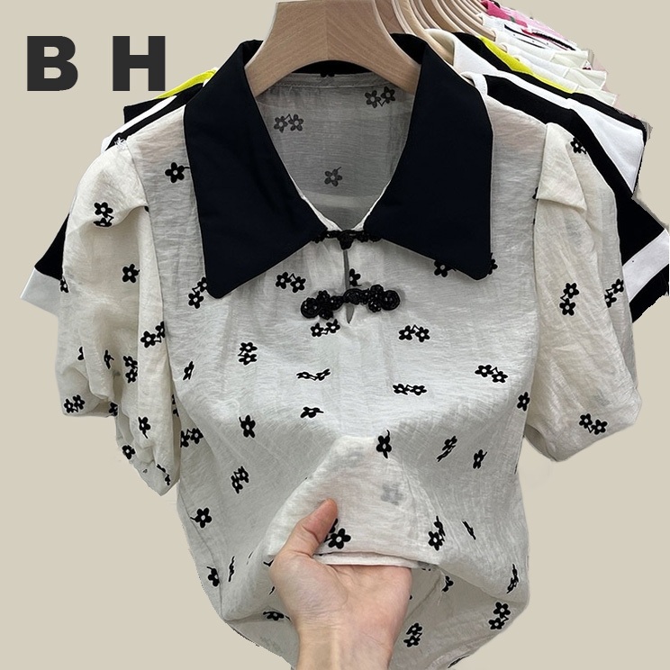 เสื้อเบลาส์ แขนสั้น ลายดอกไม้ สไตล์วินเทจ ฝรั่งเศส สุดชิค สําหรับผู้หญิง