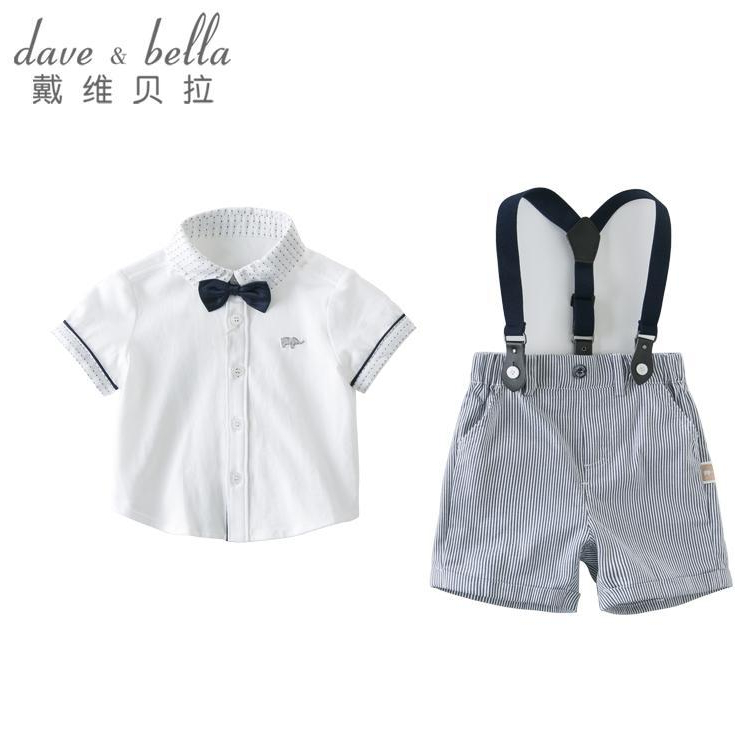 Dave Bella เด็กชายฤดูร้อนกางเกงแขนสั้นชุดสีขาว Jumpsuit Cotton Bow ชุดสําหรับเด็ก DB13370