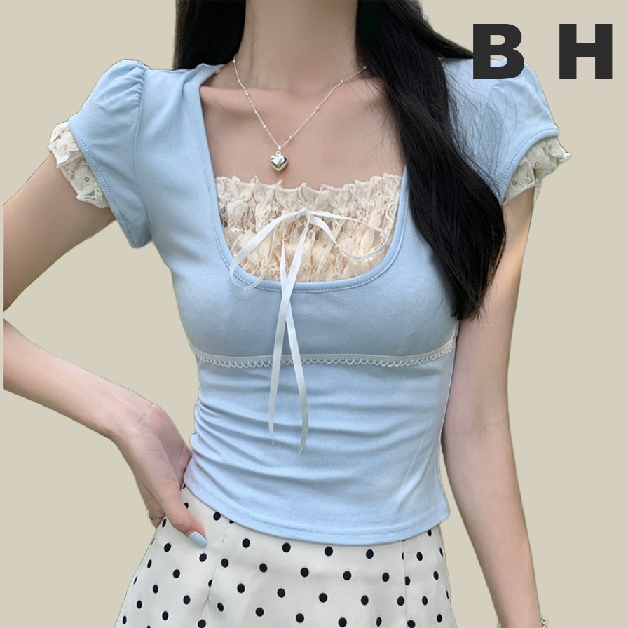 Bh Summer เสื้อยืดแขนสั้นผ้าฝ้ายประกบลูกไม้ผู้หญิงคอเหลี่ยมสลิมสั้น