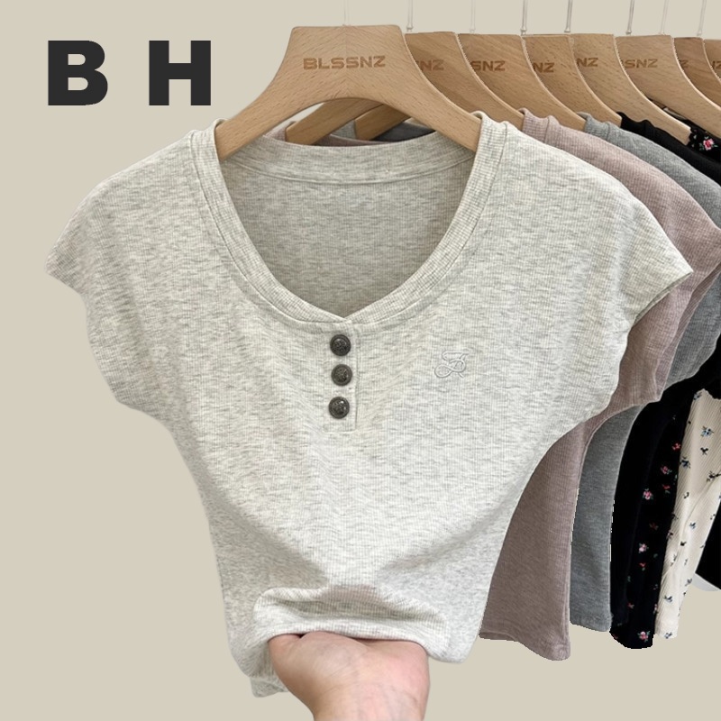 Bh เสื้อยืดแขนสั้นปักลายผ้าฝ้ายผู้หญิงฤดูร้อน U คอปกไหล่ slim-fit สั้น
