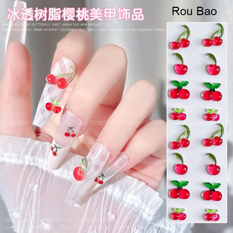 Rou Bao 50 ชิ้นเล็บสีแดงเชอร์รี่ผลไม้น่ารักการ์ตูน Girly 3D เรซิ่นเล็บ Art DIY ตกแต่ง