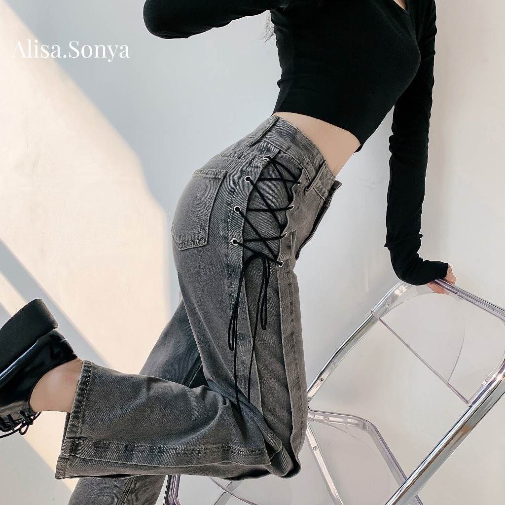 Alisa.Sonya กางเกงยีนส์ขากว้าง เอวสูง ผูกโบว์ สีเทาควันบุหรี่ ทรงตรง หลวม ผู้หญิง 24AS1125