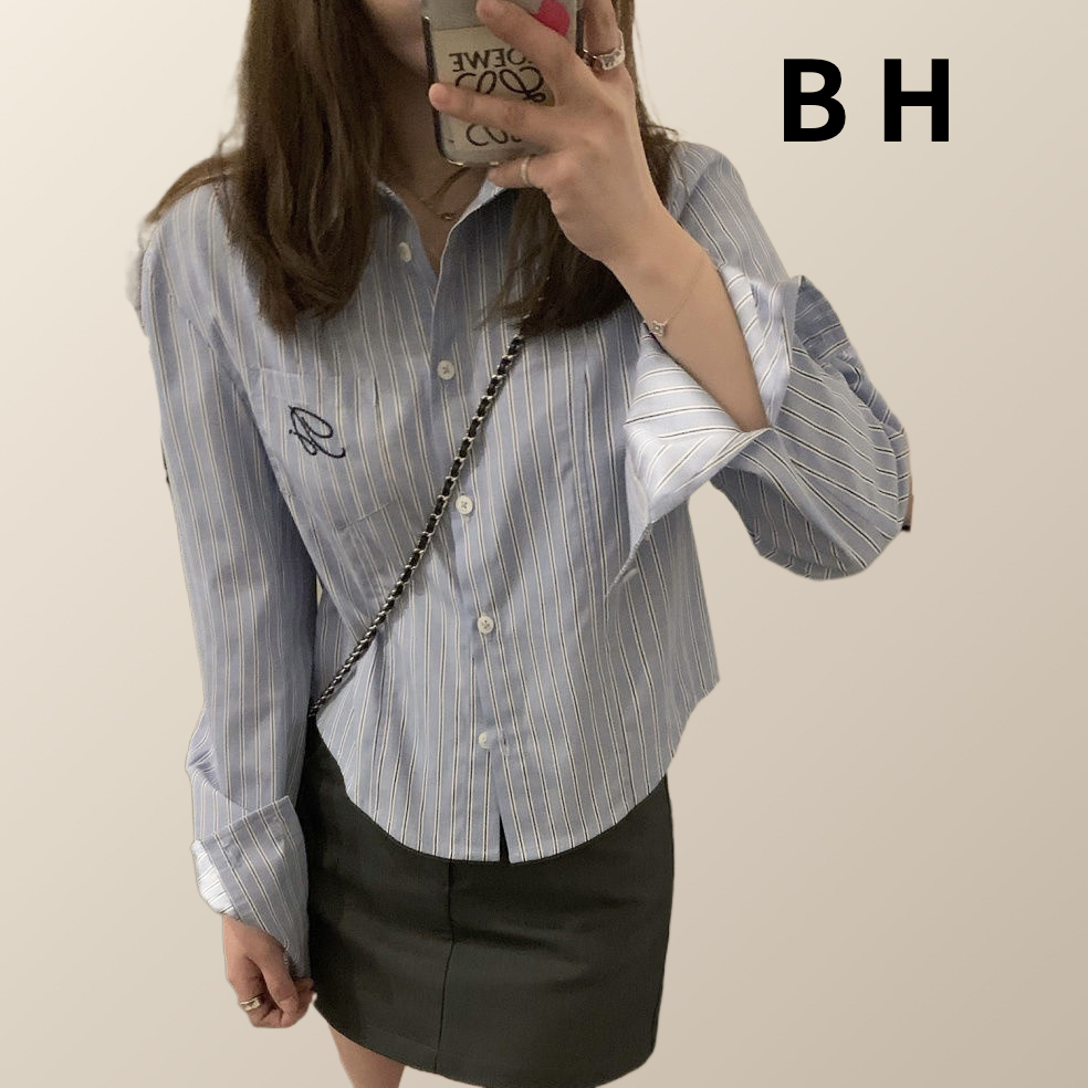 Bh เสื้อเชิ้ตแขนยาว คอปกโปโล ปักลายทาง สไตล์เกาหลี สําหรับผู้หญิง