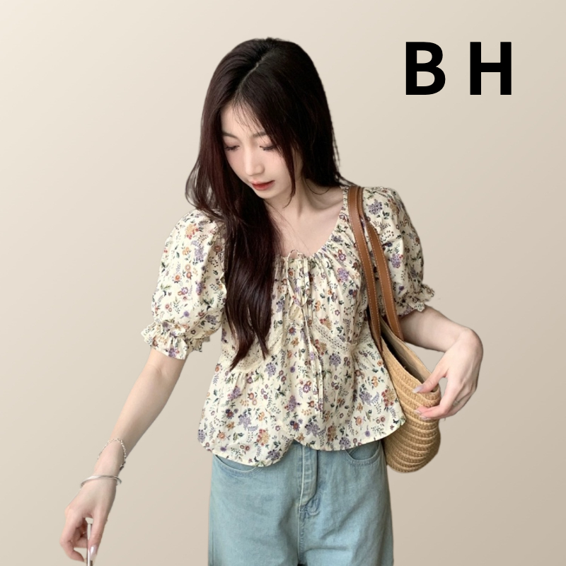 Bh ผู้หญิง ผ้าฝ้าย ฝรั่งเศส ลายดอกไม้ แขนสั้น เสื้อ คอสั้น เชือกรูด