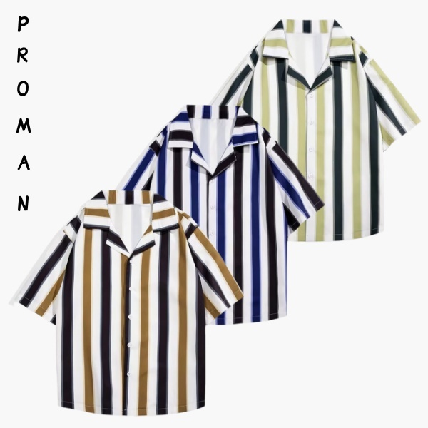 ⚡ProMan⚡เสื้อฮาวาย  สีของส่วนต่อเติม  แถบแนวตั้ง  เสื้อผ้าแฟชั่นผู้ชาย  สันทนาการ  ร้อยชุด