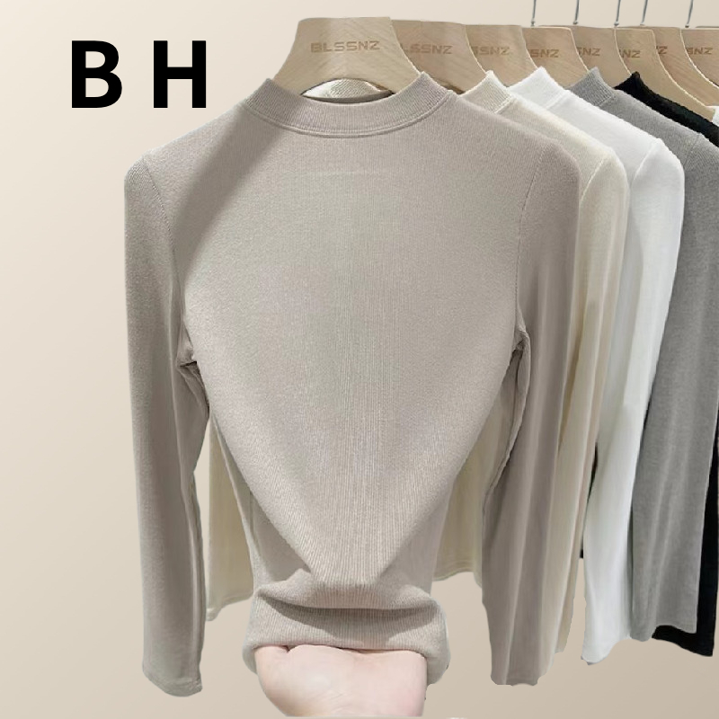Bh ฤดูใบไม้ร่วงฤดูหนาวผู้หญิงสีทึบ Modal เสื้อยืดแขนยาวครึ่งคอสูง slim-fit ฐานเสื้อ