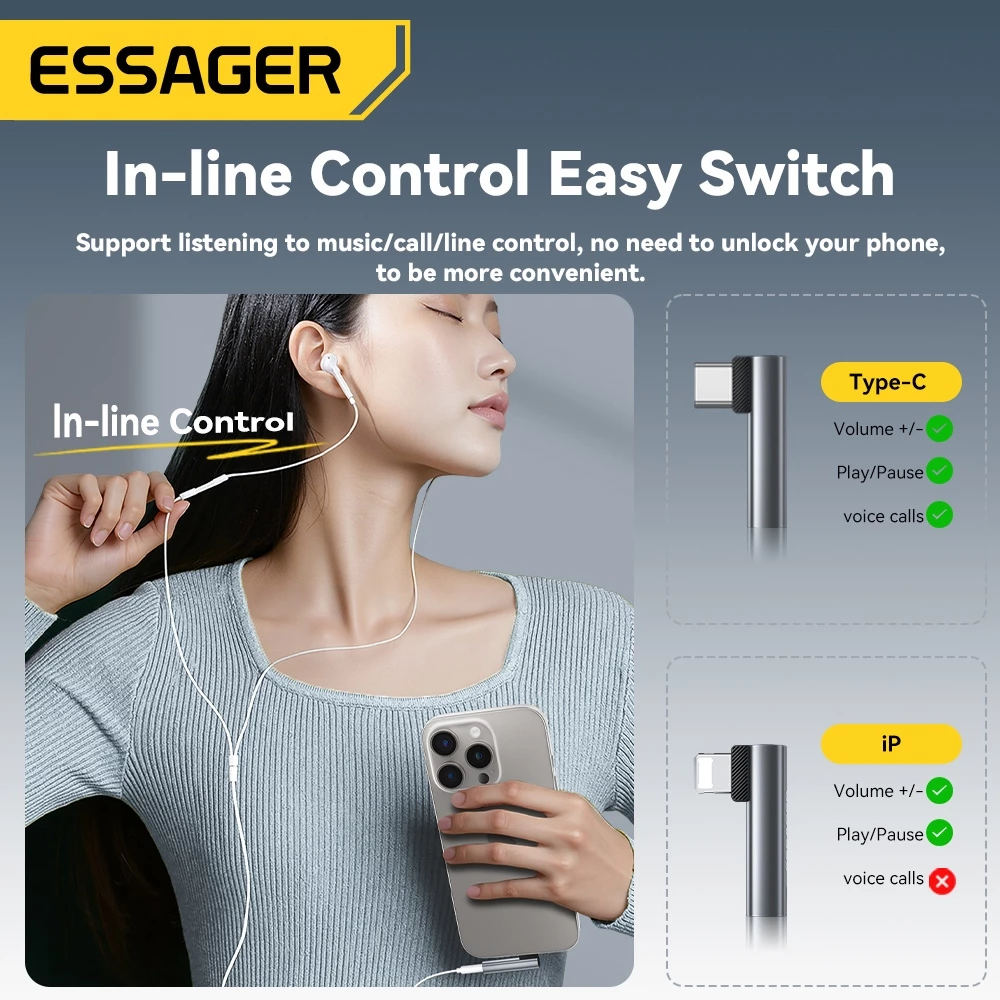 Essager Type-C/L ถึง 3.5 มม. ตัวแปลงเสียงแจ็คหูฟังอะแดปเตอร์เสียง AUX thumbnail 3