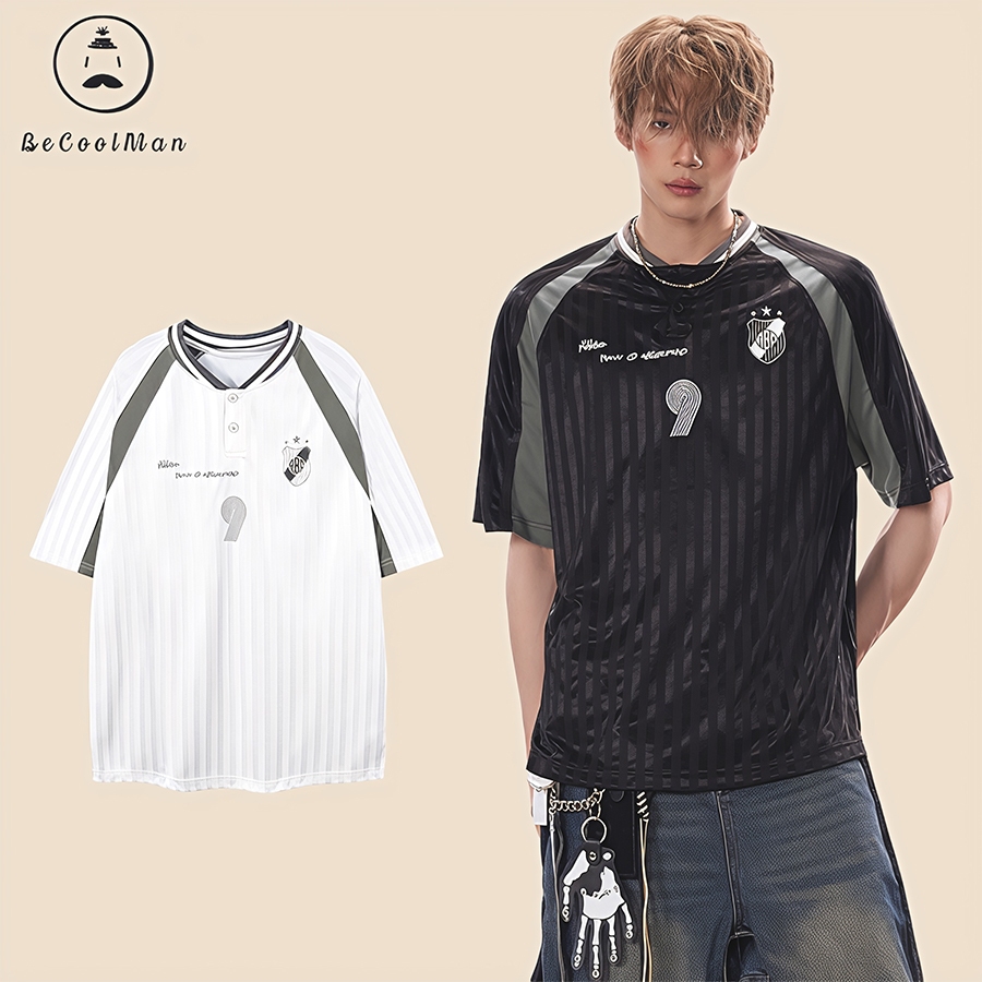 BECoolMan แขนสั้นอเมริกันย้อนยุคสูง สีเส้นต่อเนื่อง คอวีผู้ชายฤดูร้อนหลวมสบายเสื้อยืด