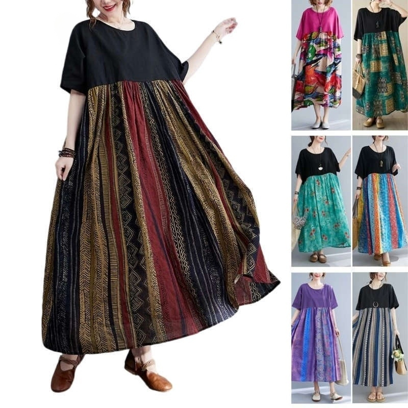 Oversize Women DressCotton Linen Maxi Floral ชุดเดรสยาว Plus size Summer Sundress Beach Dress with Pockets