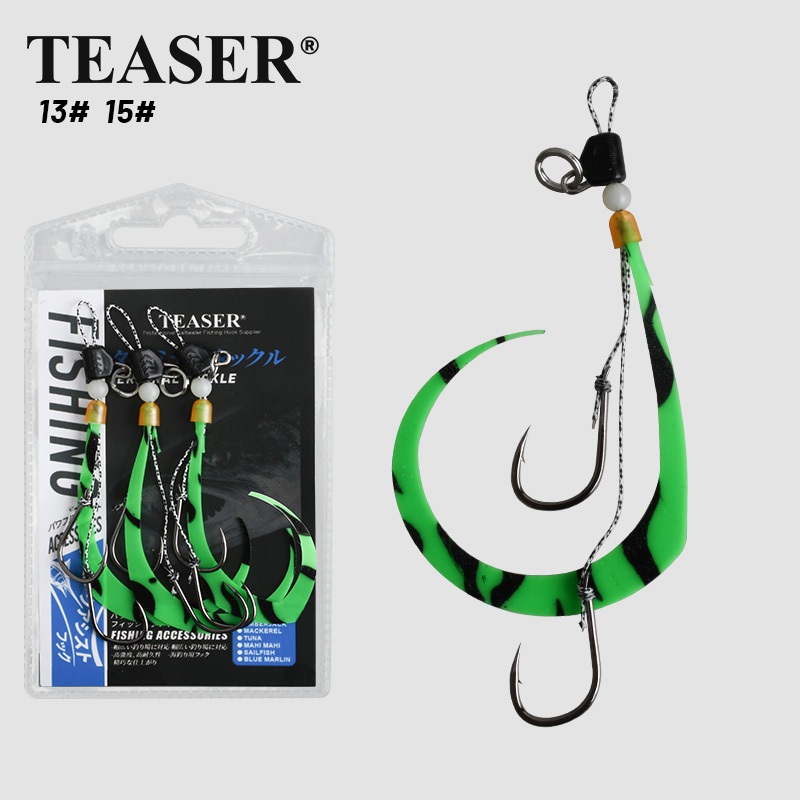 TEASER【HK053】3 pcs 13# 15# Kabura เหล็กคาร์บอนสูง Jigging Hook Inchiku ปลาหมึก Assist Hook ยางซิลิโคนกระโปรง Slider Jig Sinker เหยื่อด้านล่างสำหรับ Grouper พร้อมลูกปัดส่องสว่าง