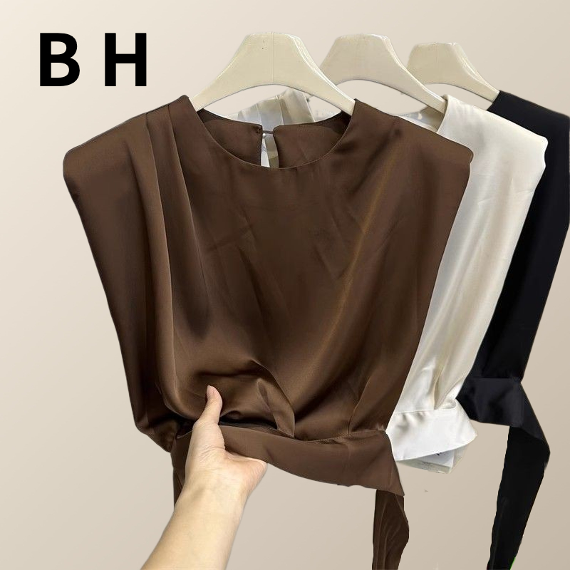 ข เสื้อท็อปแขนกุดผ้าซาติน-อะซิเตทสําหรับผู้หญิงสไตล์เกาหลีคอกลมและเอวสั้น