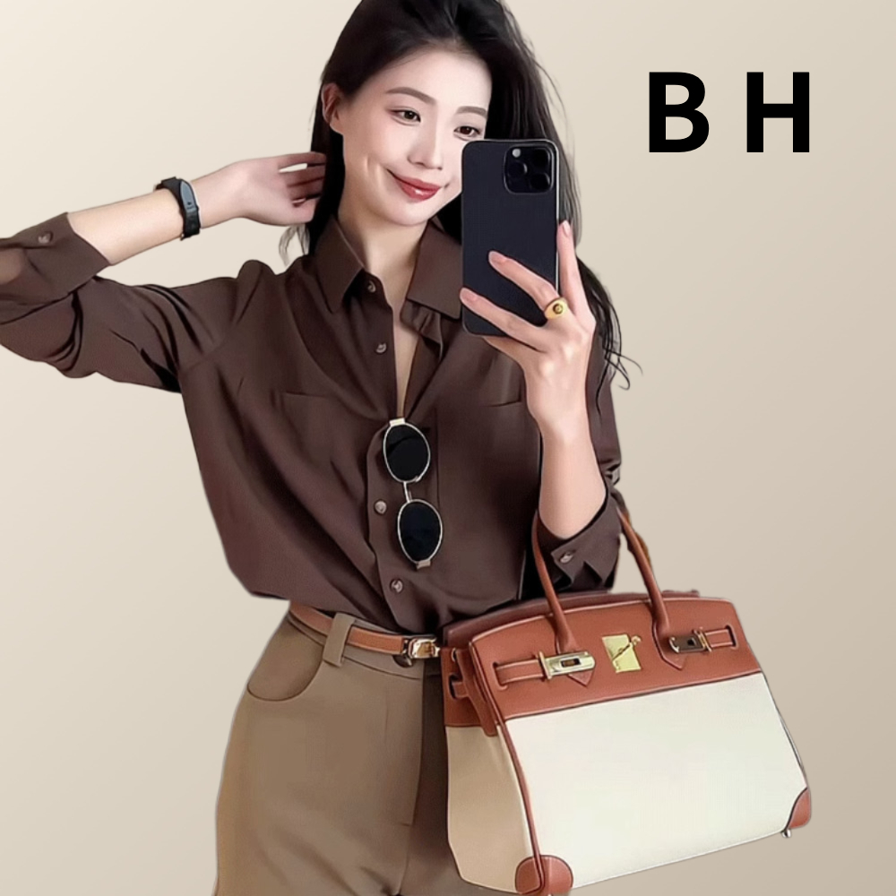 ขเสื้อเชิ้ตสีน้ําตาลผู้หญิงสไตล์เกาหลีคอปกโปโลแขนยาว