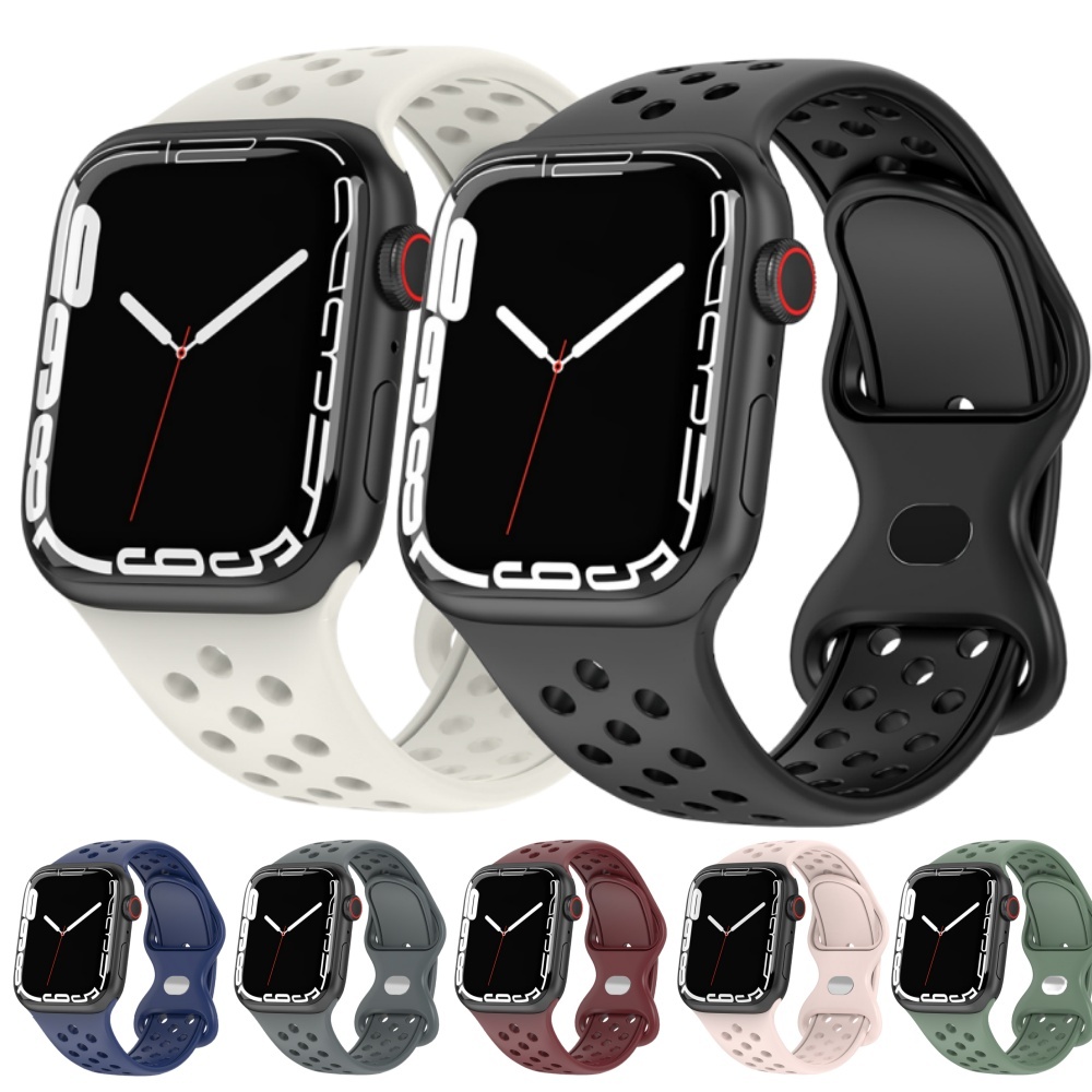 หัวเข็มขัดคู่ซิลิโคนสําหรับ applewatch series10 ส9 8 7 6 5 4 3 2 1 ระบายอากาศได้ ยางเปลี่ยนสร้อยข้อมือสําหรับ ฉันดู 49มม 46 45 44 42 41 40 38 กีฬา วงดนตรี