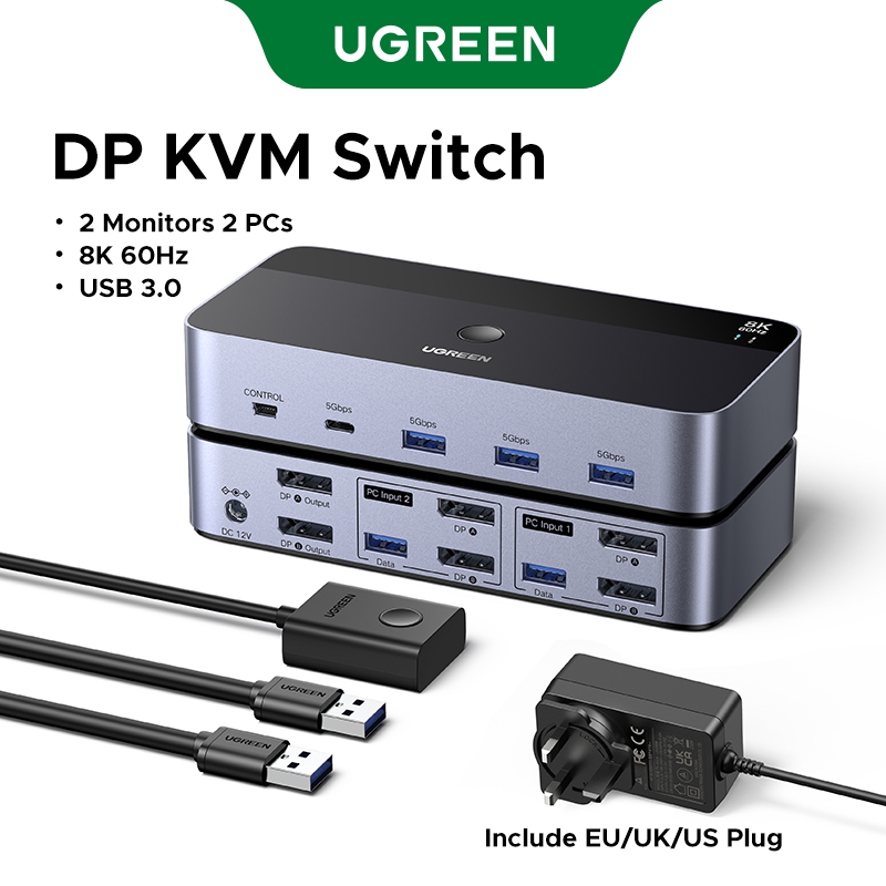 UGREEN DP KVM สวิทช์ 8K60Hz 2 จอภาพ 2 PCs Ultra HD Visuals USB 3.0 การส่งผ่านความเร็วสูงสําหรับ Mac 