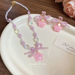DREJEW Bow Star Pearl Beaded Pendant Necklace Fresh and Sweet Collarbone Chain Ins Niche High-end Necklace