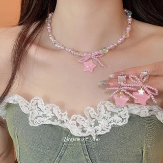 DREJEW Bow Star Pearl Beaded Pendant Necklace Fresh and Sweet Collarbone Chain Ins Niche High-end Necklace