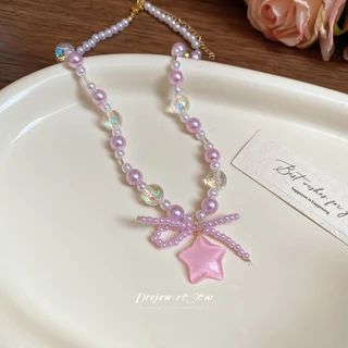 DREJEW Bow Star Pearl Beaded Pendant Necklace Fresh and Sweet Collarbone Chain Ins Niche High-end Necklace