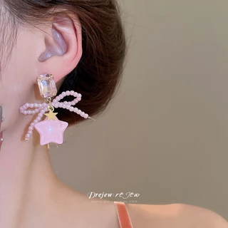 DREJEW Bow Star Pearl Beaded Pendant Necklace Fresh and Sweet Collarbone Chain Ins Niche High-end Necklace