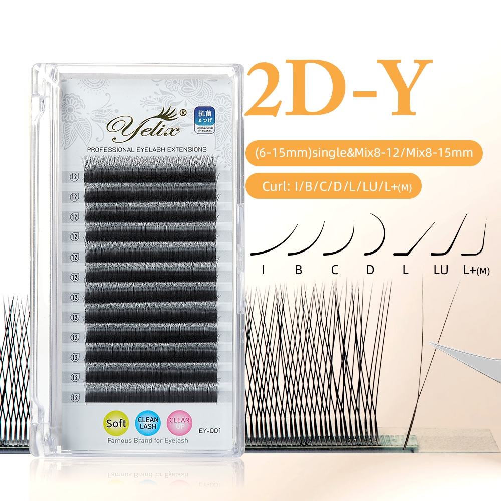 Yelix 2D Y Eyelashes Extension B/C/D/L/LU Curl รัสเซีย Volume Lash ธรรมชาตินุ่ม Premade ขนตาปลอม