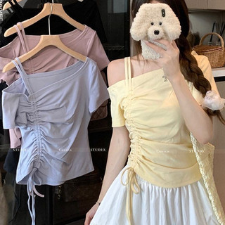 Hợp Thời Trang Một Vai Top Off Vai Áo Thun Ruched Hàn Quốc Top Slim Fit Thời Trang Nữ Quần Áo Tay Ngắn
