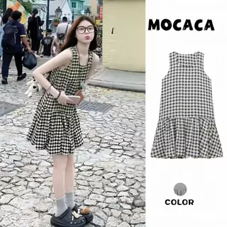Mocaca ชุดเดรสสั้นผู้หญิง ชุดสวย ชุดเดรสลําลองลายสก๊อต เดรสแฟชั่น