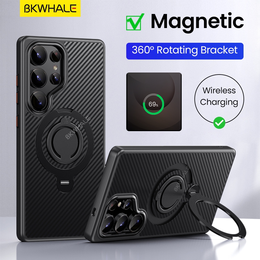 BKWHALE ขาตั้งแม่เหล็กสําหรับ Samsung Galaxy S25 Ultra S24 + S23 Ultra S25 + S24 + 360 ° ฉากหมุน+ปลอกห่วงซิลิโคน ปลอกเนื้อคาร์บอนไฟเบอร์ ฝาหลัง