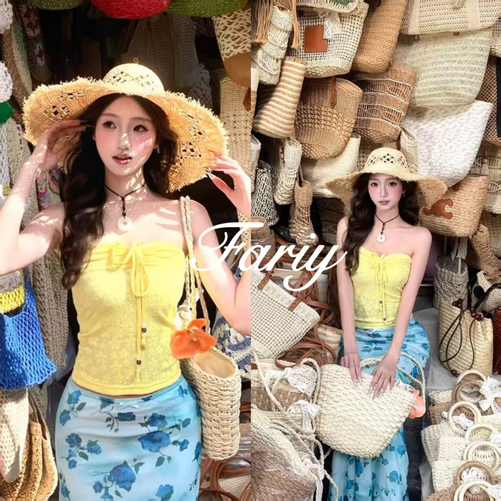 Fariy🍒คลังสินค้าพร้อม🍒 ชุดว่ายน้ําทูพีช ชุดไปทะเล กระโปรง เกาะอก มีฟองน้ำ ผ้าลายดอกไม้