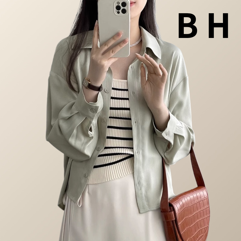 Bh เสื้อเบลาส์ ผ้าเรยอน แขนยาว คอปกพับ กันแดด ทรงหลวม สไตล์เกาหลี สําหรับผู้หญิง