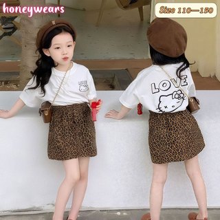 honeywears⚡️พร้อมส่ง⚡️ชุดแขนสั้นสำหรับเด็กผู้หญิง เสื้อยืดลายการ์ตูน กระโปรงสั้นลายเสือ สไตล์เกาหลี ฤดูร้อน ไซส์ 110-150